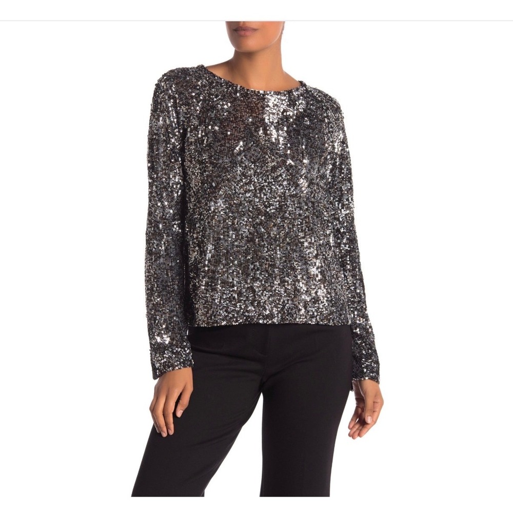 Equipment‎ Abeline Sequin Top Womens Small Silver Long Sleeve Crew Neck Party